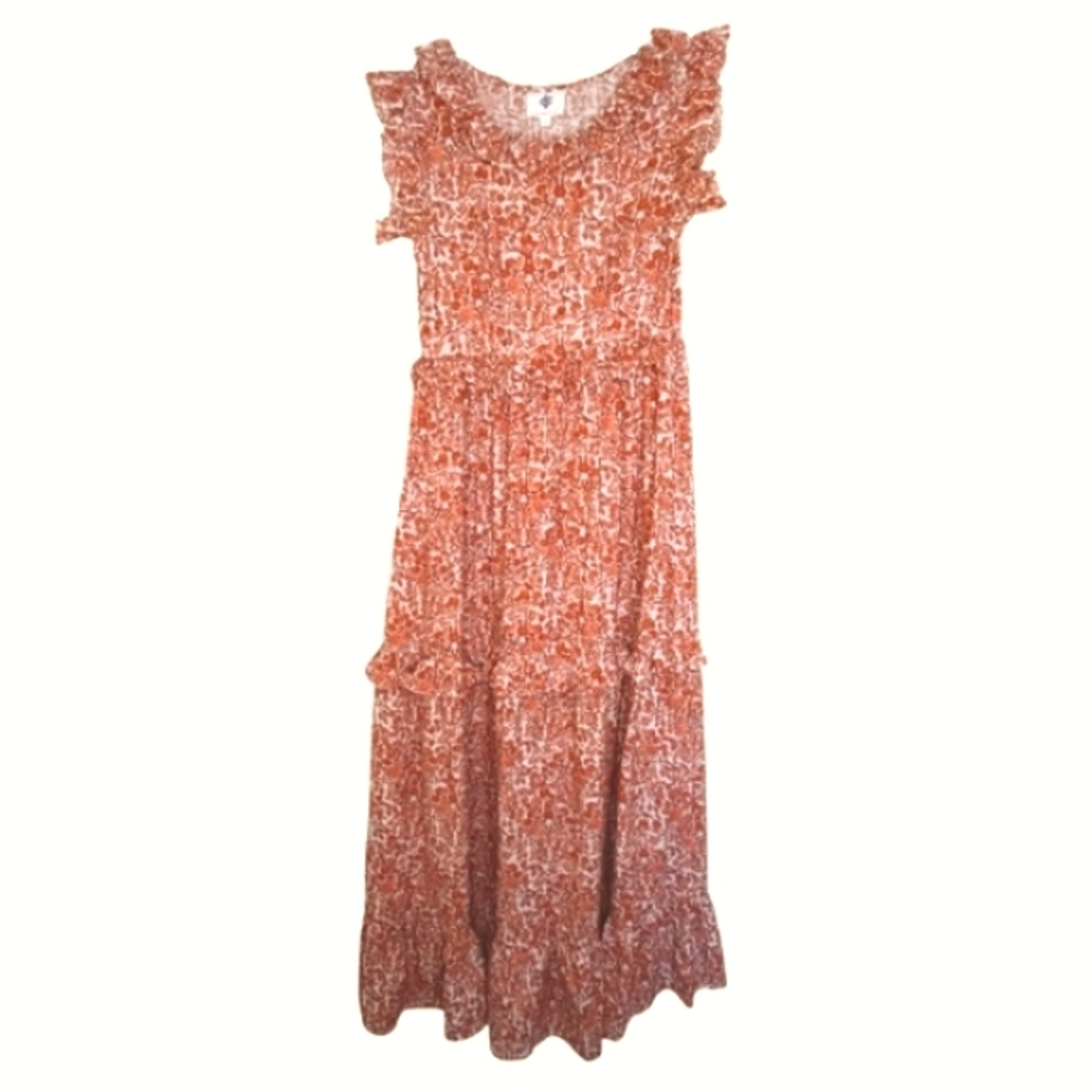 Pomegranate Tiered Floral Flounce Cotton Cottagecore Maxi Dress Womens Sz Sm